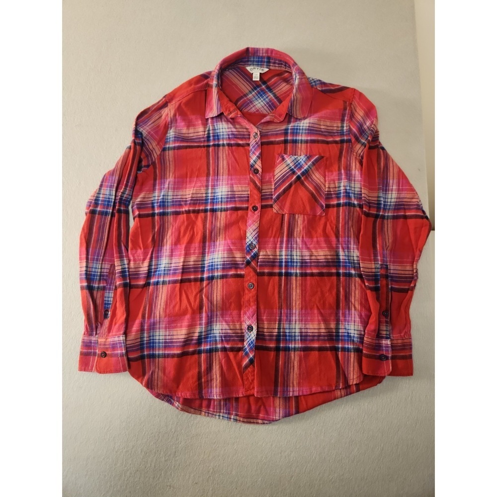 Orvis Red Blue Plaid Flannel Shirt Long Sleeve Top Large Button Down Womens